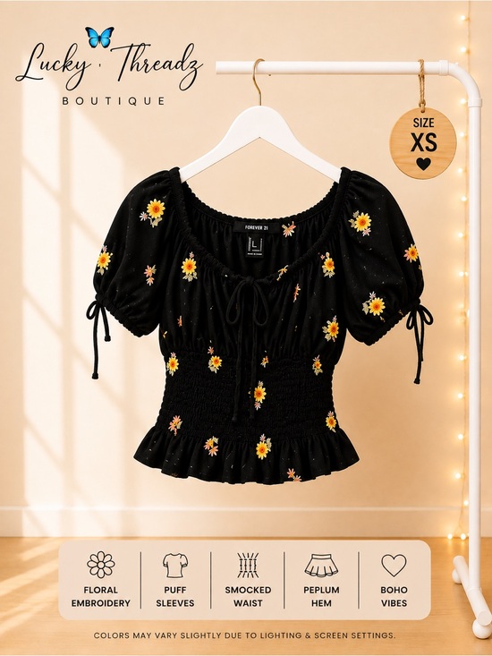 Forever 21 Tops - Forever 21 Black Floral Embroidered Milkmaid Top Puff Sleeve Smocked Peplum XS